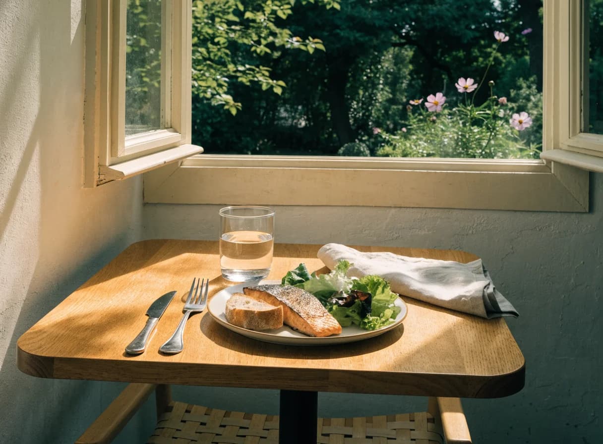 A sunlit garden cafe table with salmon, salad and bread for lunch